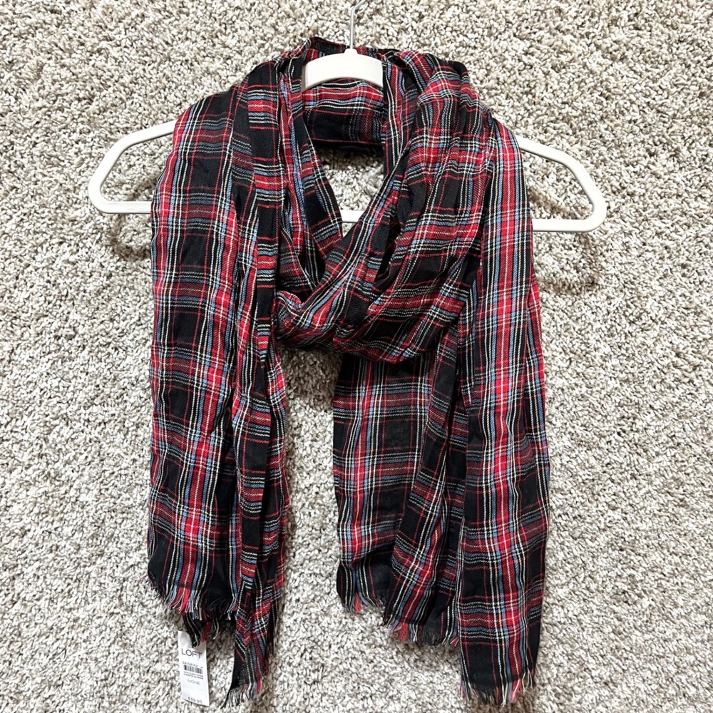 LOFT Red Plaid Fringed Cotton Rayon Scarf in One Size NWT